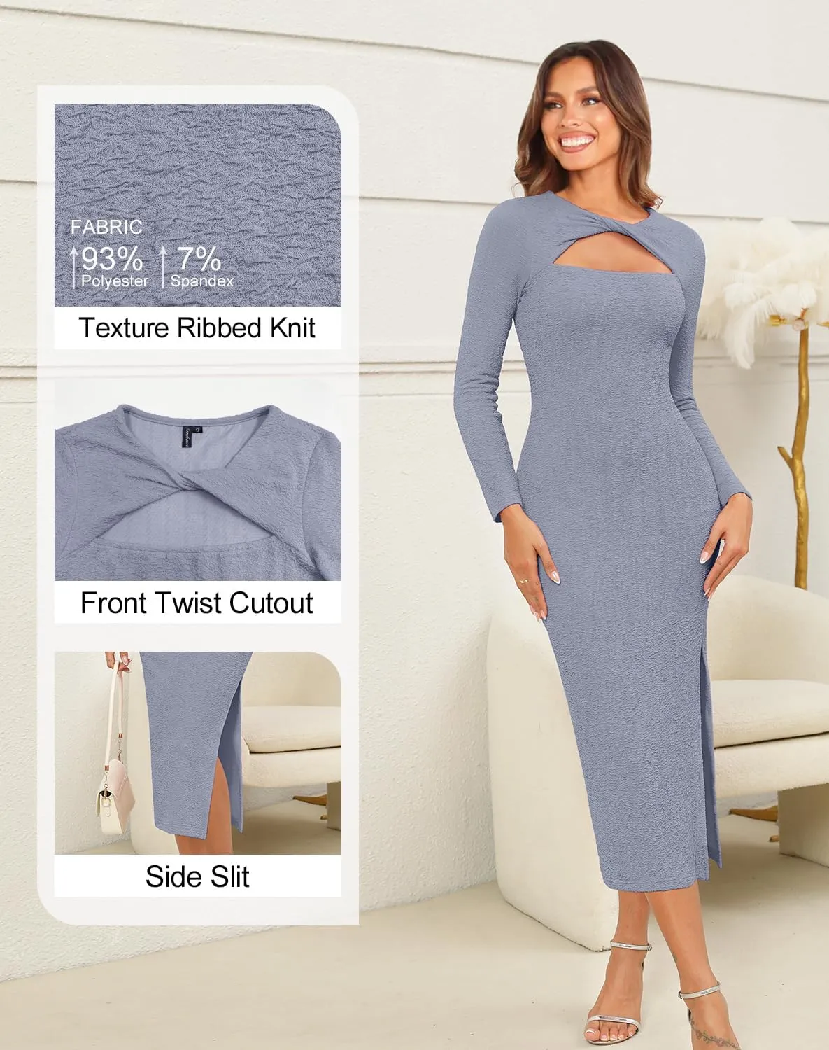 Annebouti Women's Fall Long Sleeve Cut Out Wedding Guest Dresses Side Slit Ribbed Bodycon Cocktail Midi Dress