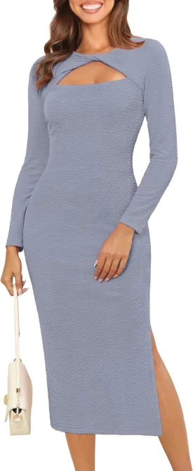 Annebouti Women's Fall Long Sleeve Cut Out Wedding Guest Dresses Side Slit Ribbed Bodycon Cocktail Midi Dress