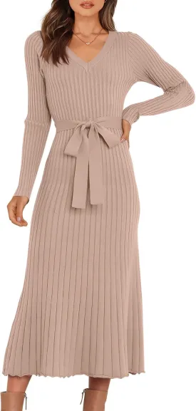 ANRABESS Women Long Sleeve V Neck A-line Tie Waist Slim Fit Ribbed Knit Bodycon Midi Sweater Dress 2025 Fall Trendy Outfits