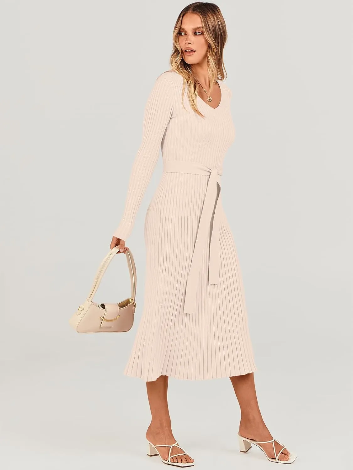 ANRABESS Women Long Sleeve V Neck A-line Tie Waist Slim Fit Ribbed Knit Bodycon Midi Sweater Dress 2025 Fall Trendy Outfits