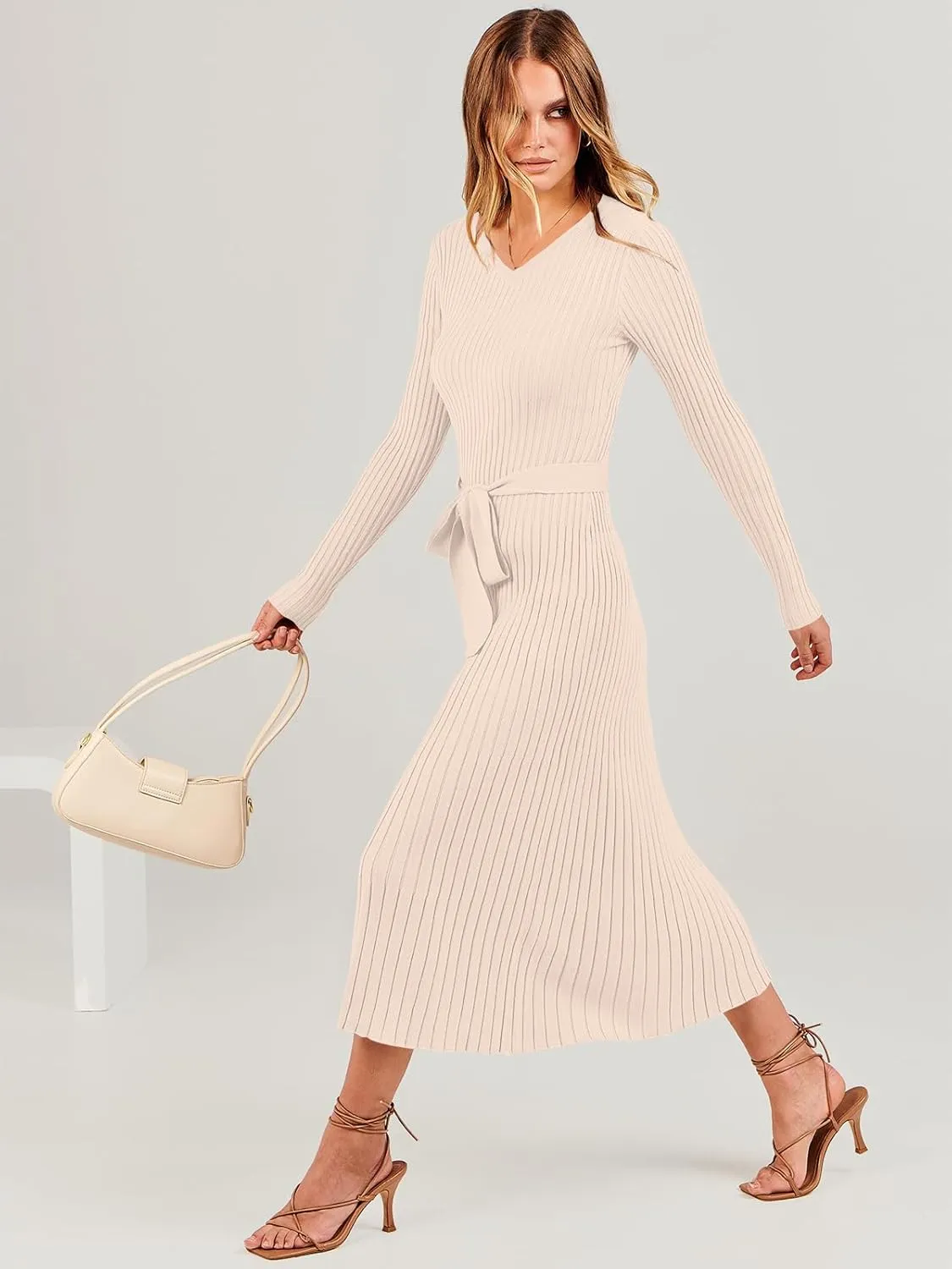 ANRABESS Women Long Sleeve V Neck A-line Tie Waist Slim Fit Ribbed Knit Bodycon Midi Sweater Dress 2025 Fall Trendy Outfits