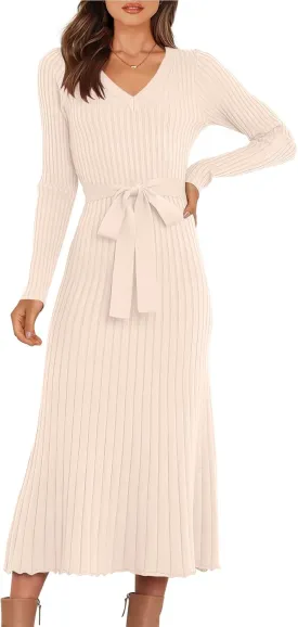 ANRABESS Women Long Sleeve V Neck A-line Tie Waist Slim Fit Ribbed Knit Bodycon Midi Sweater Dress 2025 Fall Trendy Outfits