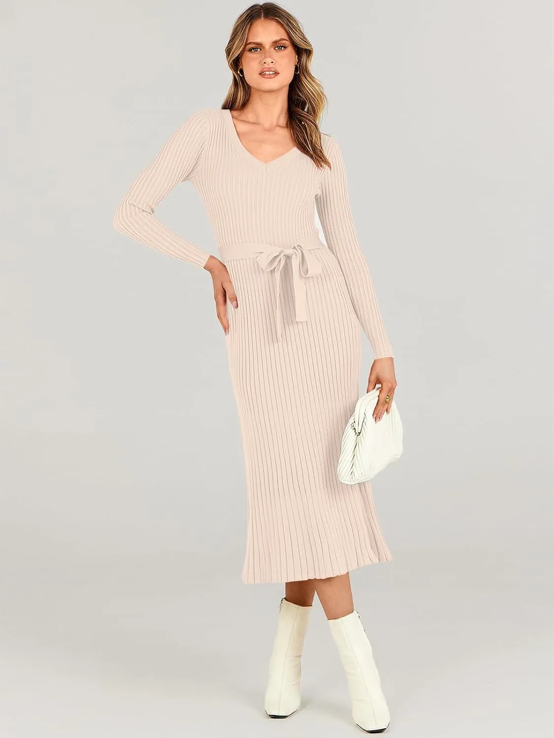 ANRABESS Women Long Sleeve V Neck A-line Tie Waist Slim Fit Ribbed Knit Bodycon Midi Sweater Dress 2025 Fall Trendy Outfits