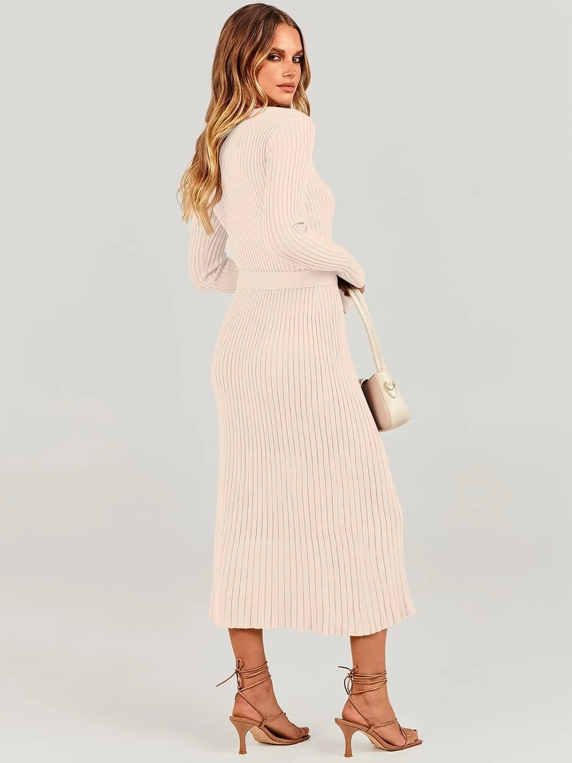 ANRABESS Women Long Sleeve V Neck A-line Tie Waist Slim Fit Ribbed Knit Bodycon Midi Sweater Dress 2025 Fall Trendy Outfits