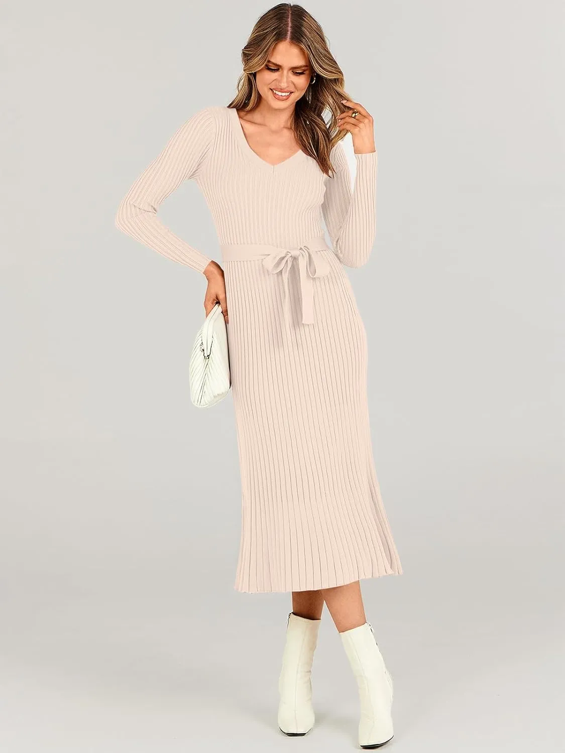 ANRABESS Women Long Sleeve V Neck A-line Tie Waist Slim Fit Ribbed Knit Bodycon Midi Sweater Dress 2025 Fall Trendy Outfits