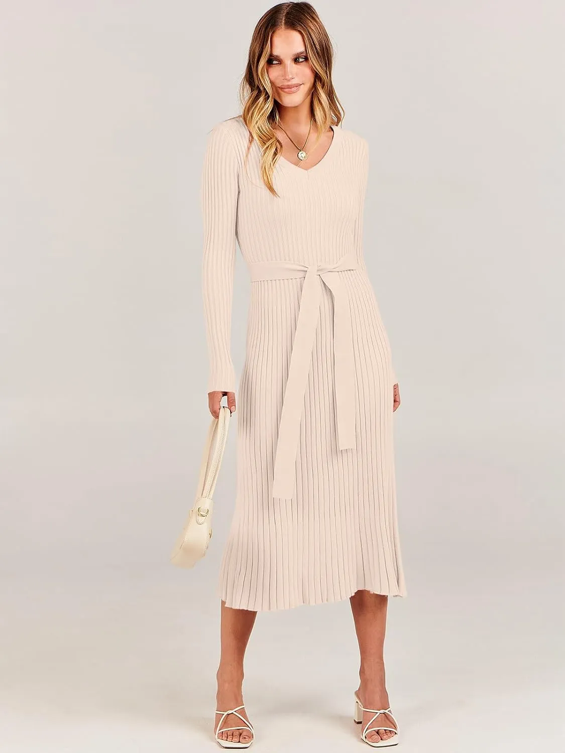 ANRABESS Women Long Sleeve V Neck A-line Tie Waist Slim Fit Ribbed Knit Bodycon Midi Sweater Dress 2025 Fall Trendy Outfits