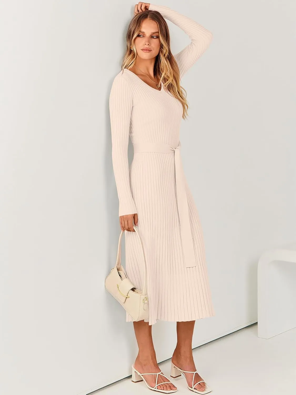ANRABESS Women Long Sleeve V Neck A-line Tie Waist Slim Fit Ribbed Knit Bodycon Midi Sweater Dress 2025 Fall Trendy Outfits