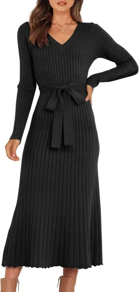 ANRABESS Women Long Sleeve V Neck A-line Tie Waist Slim Fit Ribbed Knit Bodycon Midi Sweater Dress 2025 Fall Trendy Outfits