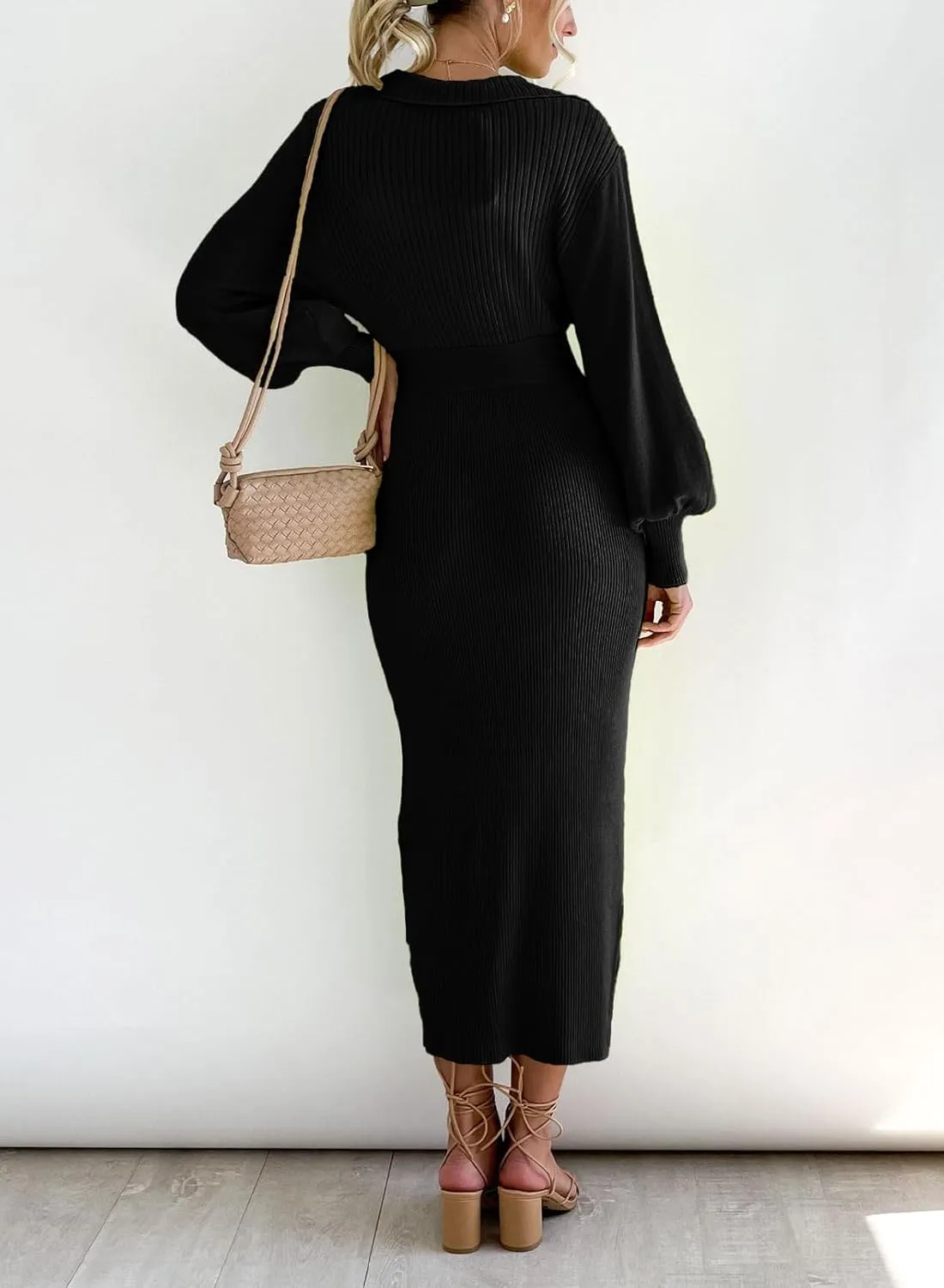 ARTFREE Women's Ribbed Sweater Wrap Dress Elegant Long Sleeve V Neck Knit Bodycon Maxi Dresses with Belt