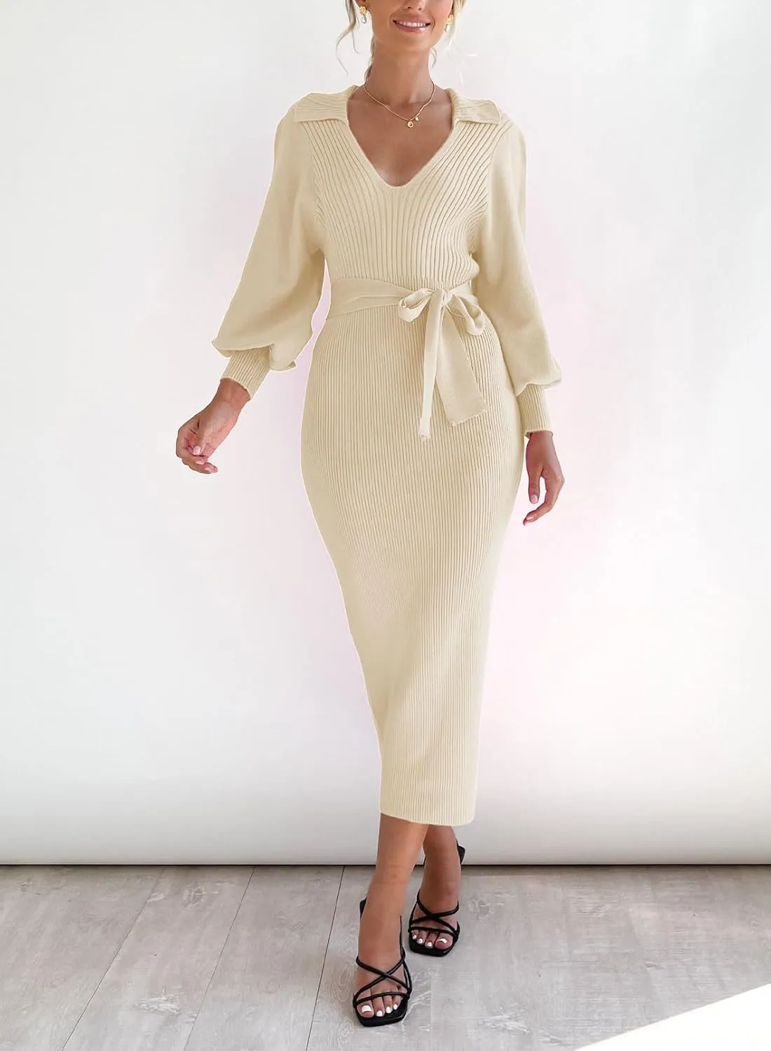 ARTFREE Women's Ribbed Sweater Wrap Dress Elegant Long Sleeve V Neck Knit Bodycon Maxi Dresses with Belt