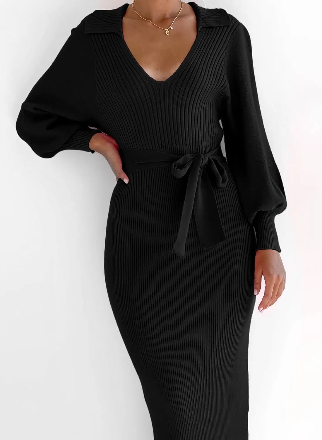 ARTFREE Women's Ribbed Sweater Wrap Dress Elegant Long Sleeve V Neck Knit Bodycon Maxi Dresses with Belt