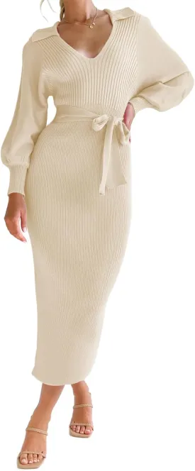 ARTFREE Women's Ribbed Sweater Wrap Dress Elegant Long Sleeve V Neck Knit Bodycon Maxi Dresses with Belt