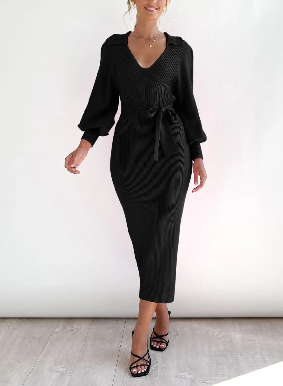 ARTFREE Women's Ribbed Sweater Wrap Dress Elegant Long Sleeve V Neck Knit Bodycon Maxi Dresses with Belt