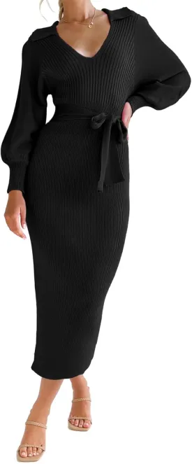 ARTFREE Women's Ribbed Sweater Wrap Dress Elegant Long Sleeve V Neck Knit Bodycon Maxi Dresses with Belt