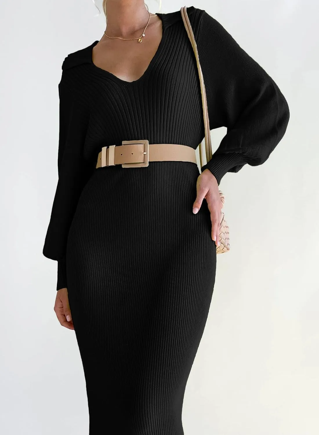 ARTFREE Women's Ribbed Sweater Wrap Dress Elegant Long Sleeve V Neck Knit Bodycon Maxi Dresses with Belt