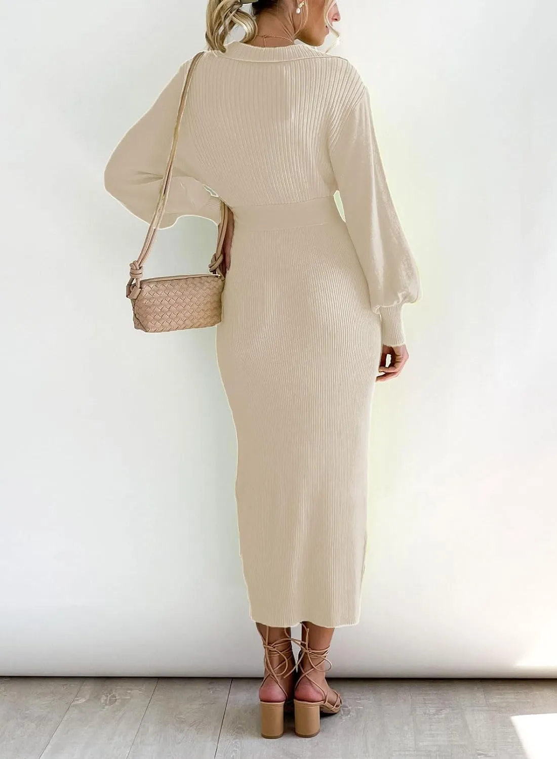ARTFREE Women's Ribbed Sweater Wrap Dress Elegant Long Sleeve V Neck Knit Bodycon Maxi Dresses with Belt