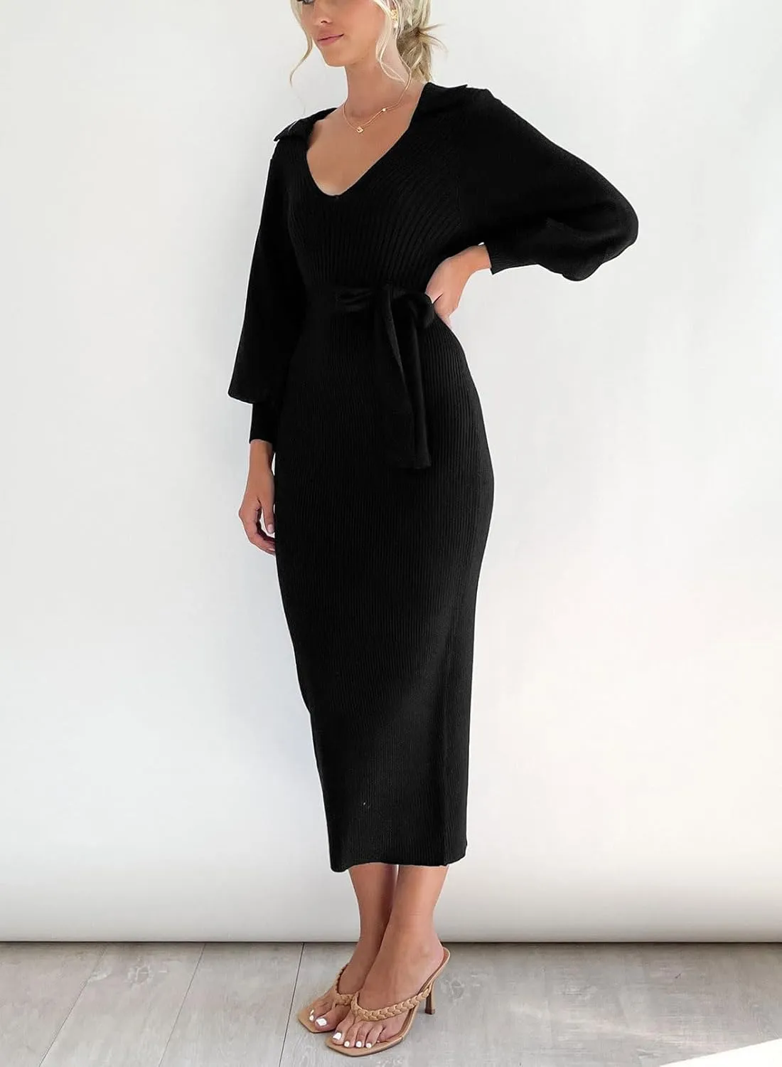 ARTFREE Women's Ribbed Sweater Wrap Dress Elegant Long Sleeve V Neck Knit Bodycon Maxi Dresses with Belt