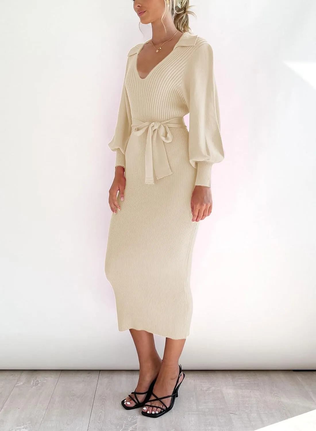 ARTFREE Women's Ribbed Sweater Wrap Dress Elegant Long Sleeve V Neck Knit Bodycon Maxi Dresses with Belt