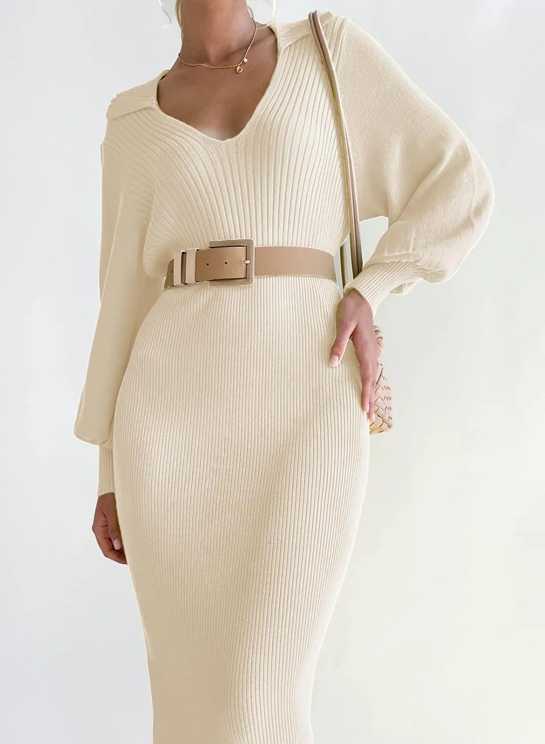 ARTFREE Women's Ribbed Sweater Wrap Dress Elegant Long Sleeve V Neck Knit Bodycon Maxi Dresses with Belt