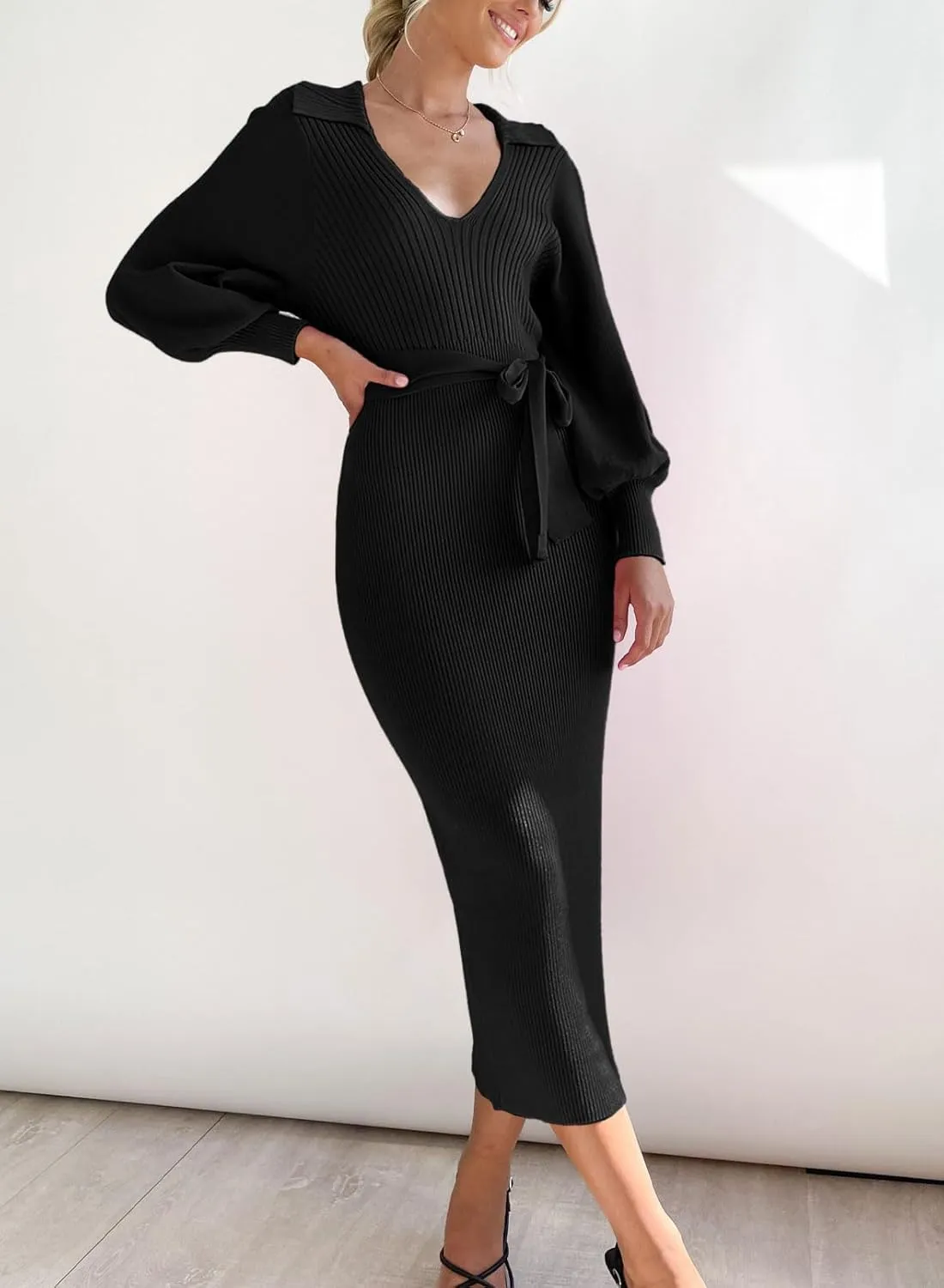 ARTFREE Women's Ribbed Sweater Wrap Dress Elegant Long Sleeve V Neck Knit Bodycon Maxi Dresses with Belt