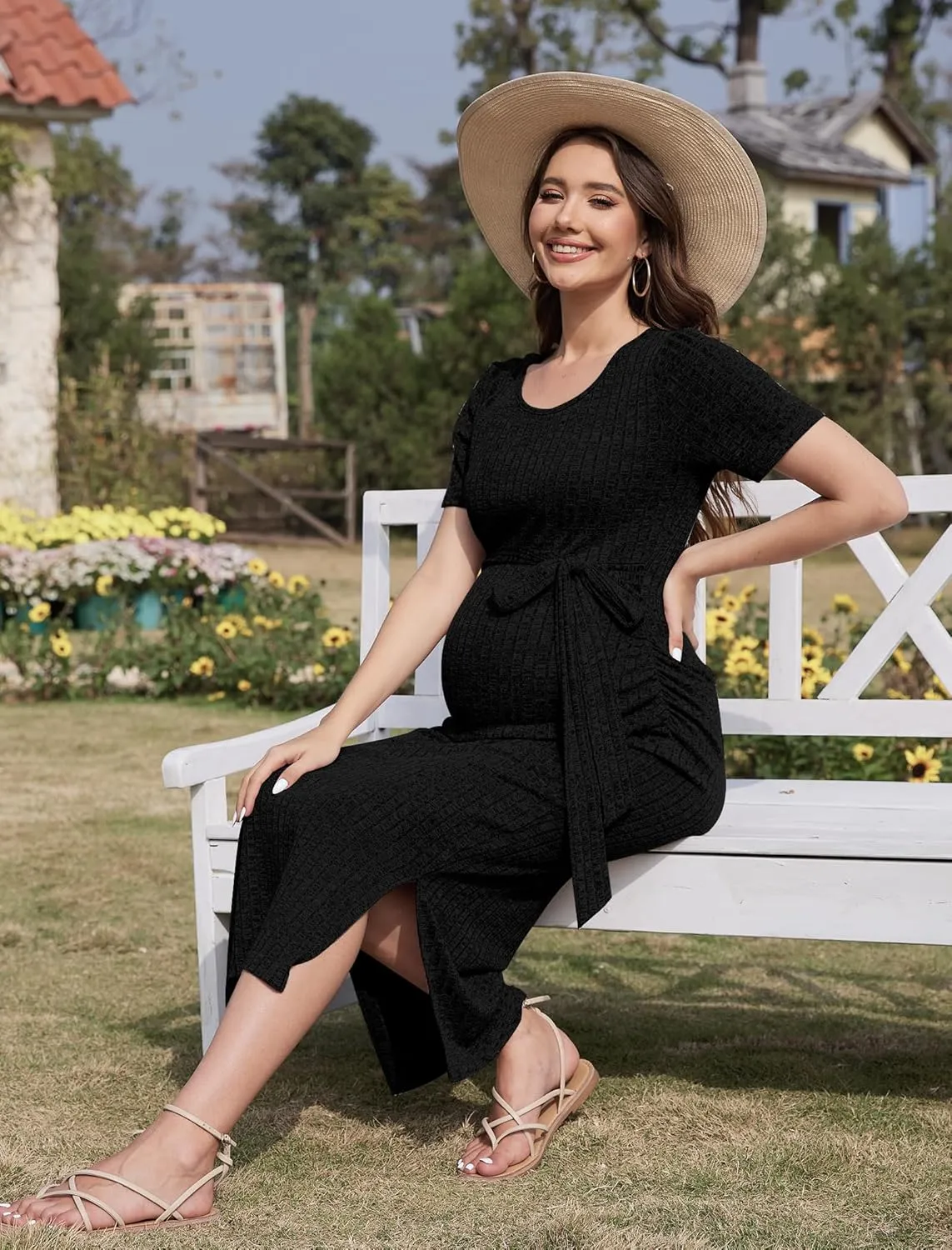 Crewneck Short Sleeve Maternity Dress Rib Knit Photoshoot Baby Shower Dresses Slit Pregnancy Clothes with Belt