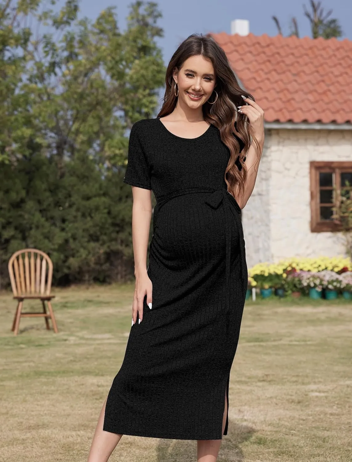 Crewneck Short Sleeve Maternity Dress Rib Knit Photoshoot Baby Shower Dresses Slit Pregnancy Clothes with Belt