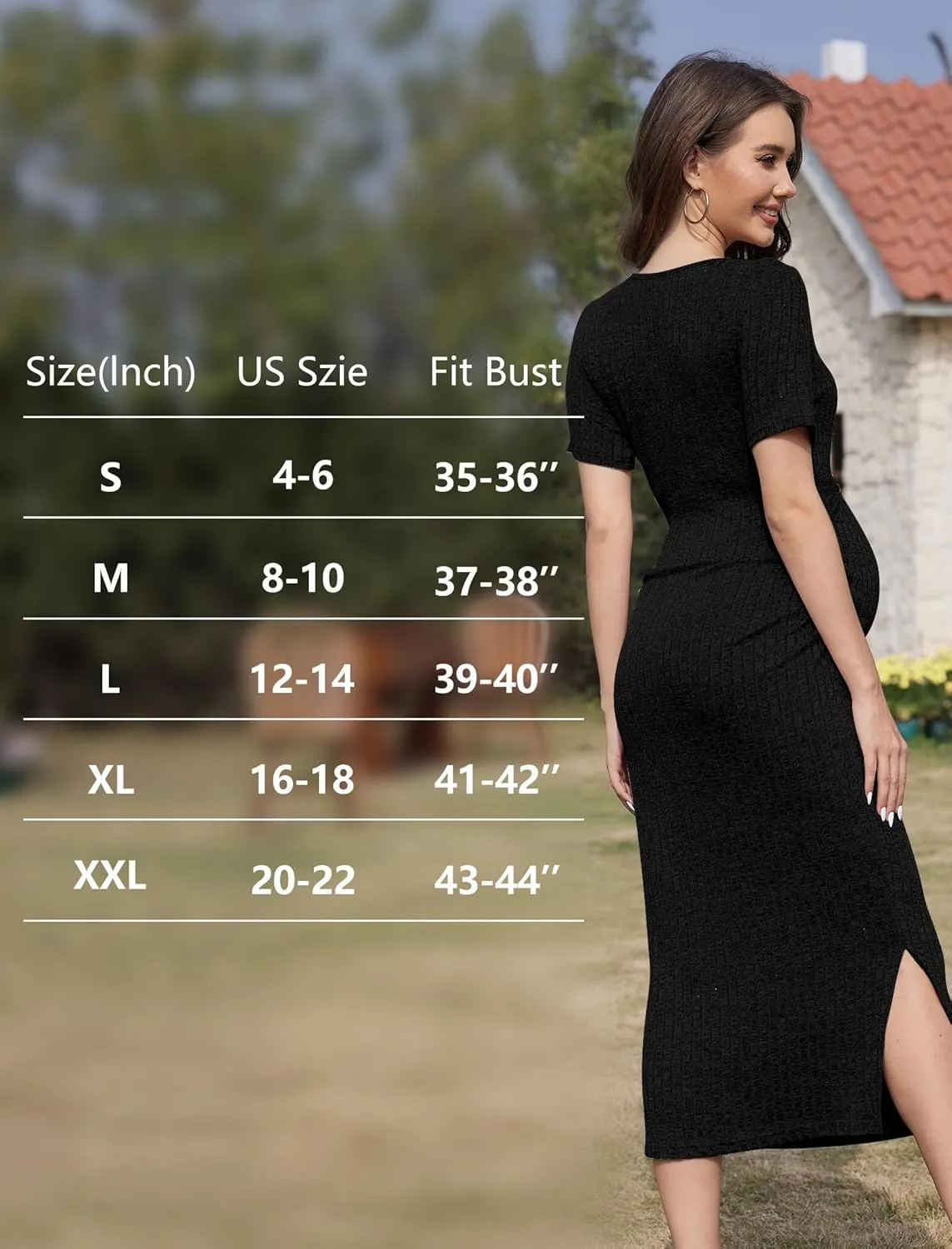 Crewneck Short Sleeve Maternity Dress Rib Knit Photoshoot Baby Shower Dresses Slit Pregnancy Clothes with Belt
