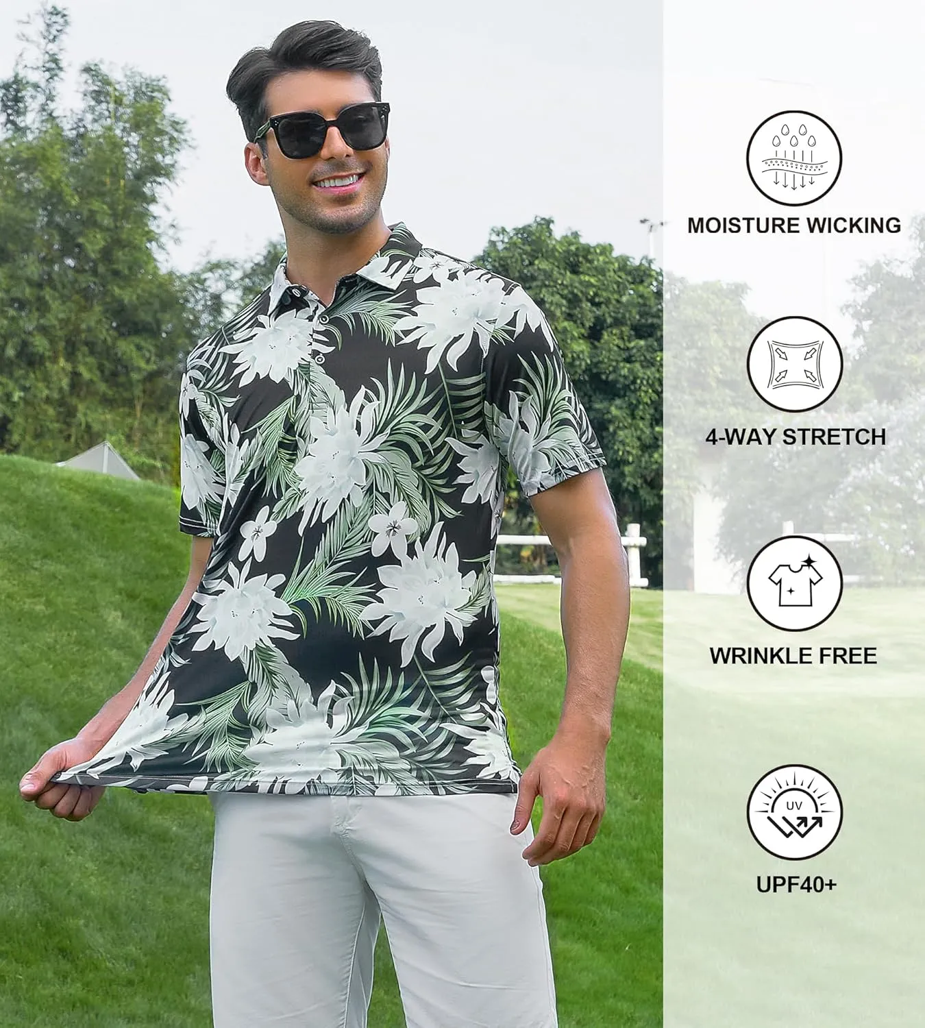 Damipow Mens Golf Shirts Dry Fit Polo Shirts Moisture Wicking Short Sleeve Hawaiian Polo Shirt