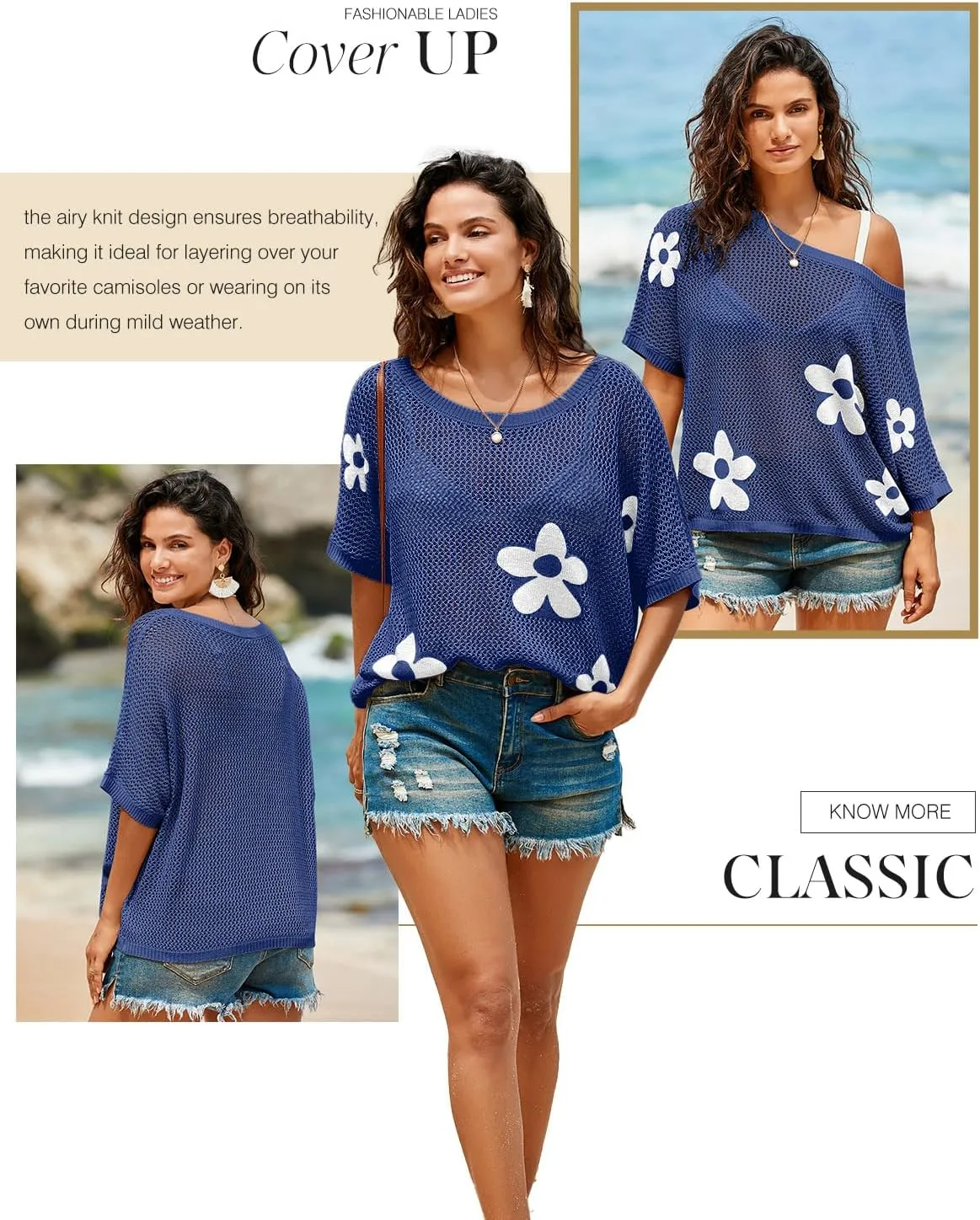 Dokotoo Womens Floral Fashion Summer Tops 2025 Short Sleeve Crochet Sweaters Swimsuit Cover Ups Lightweight Knit Pullover