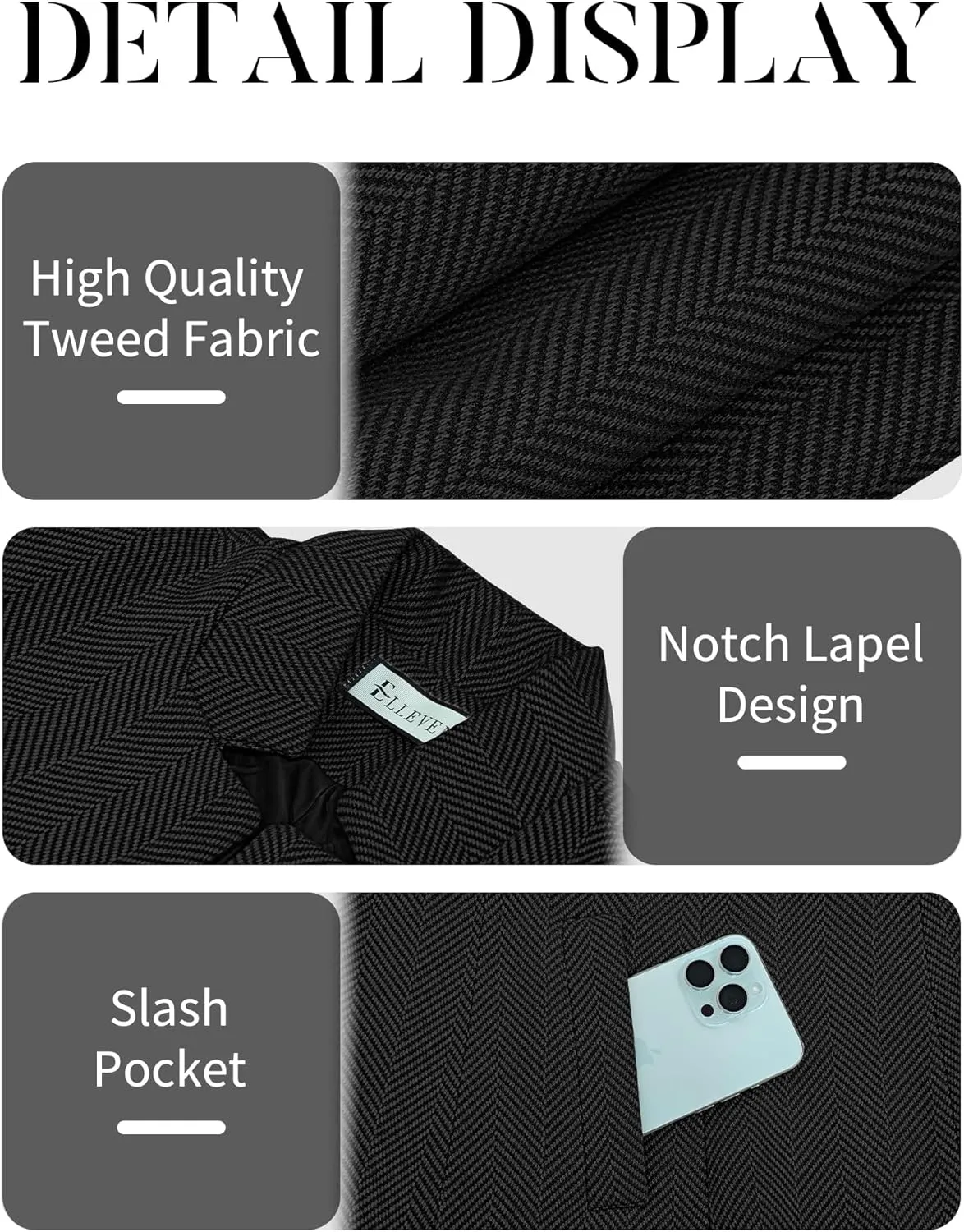 ELLEVEN Womens Open Front Herringbone Blazer-Business Casual Long Sleeve Work Jacket with Full Lining and Padded Shoulders