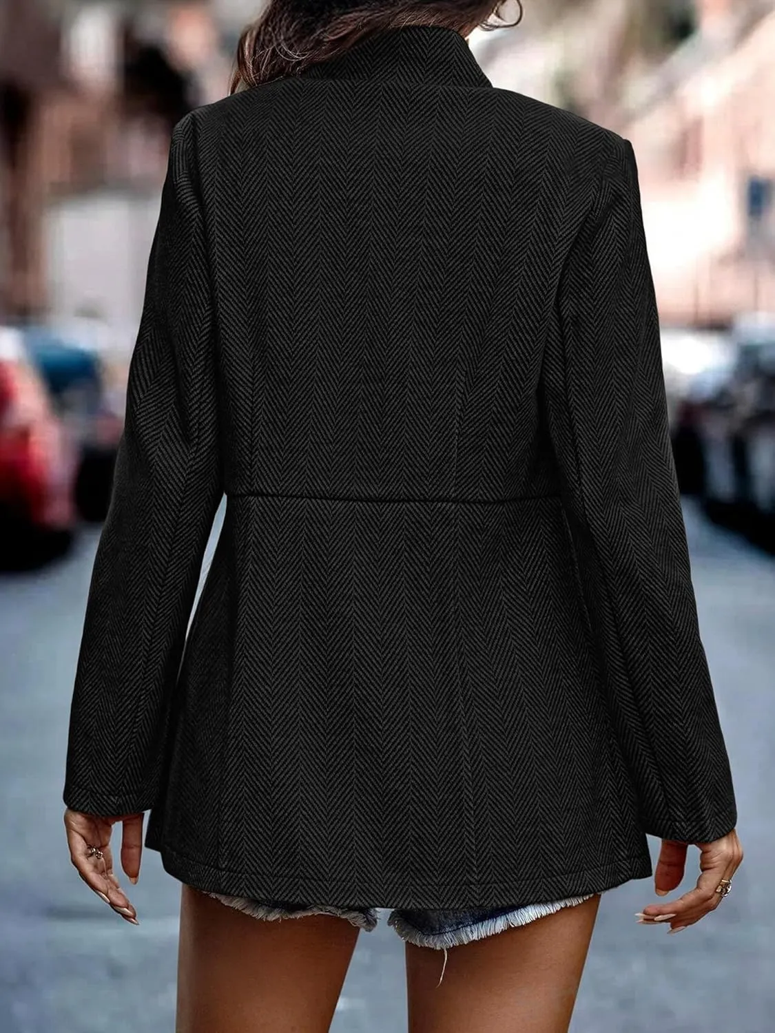 ELLEVEN Womens Open Front Herringbone Blazer-Business Casual Long Sleeve Work Jacket with Full Lining and Padded Shoulders