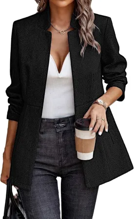 ELLEVEN Womens Open Front Herringbone Blazer-Business Casual Long Sleeve Work Jacket with Full Lining and Padded Shoulders