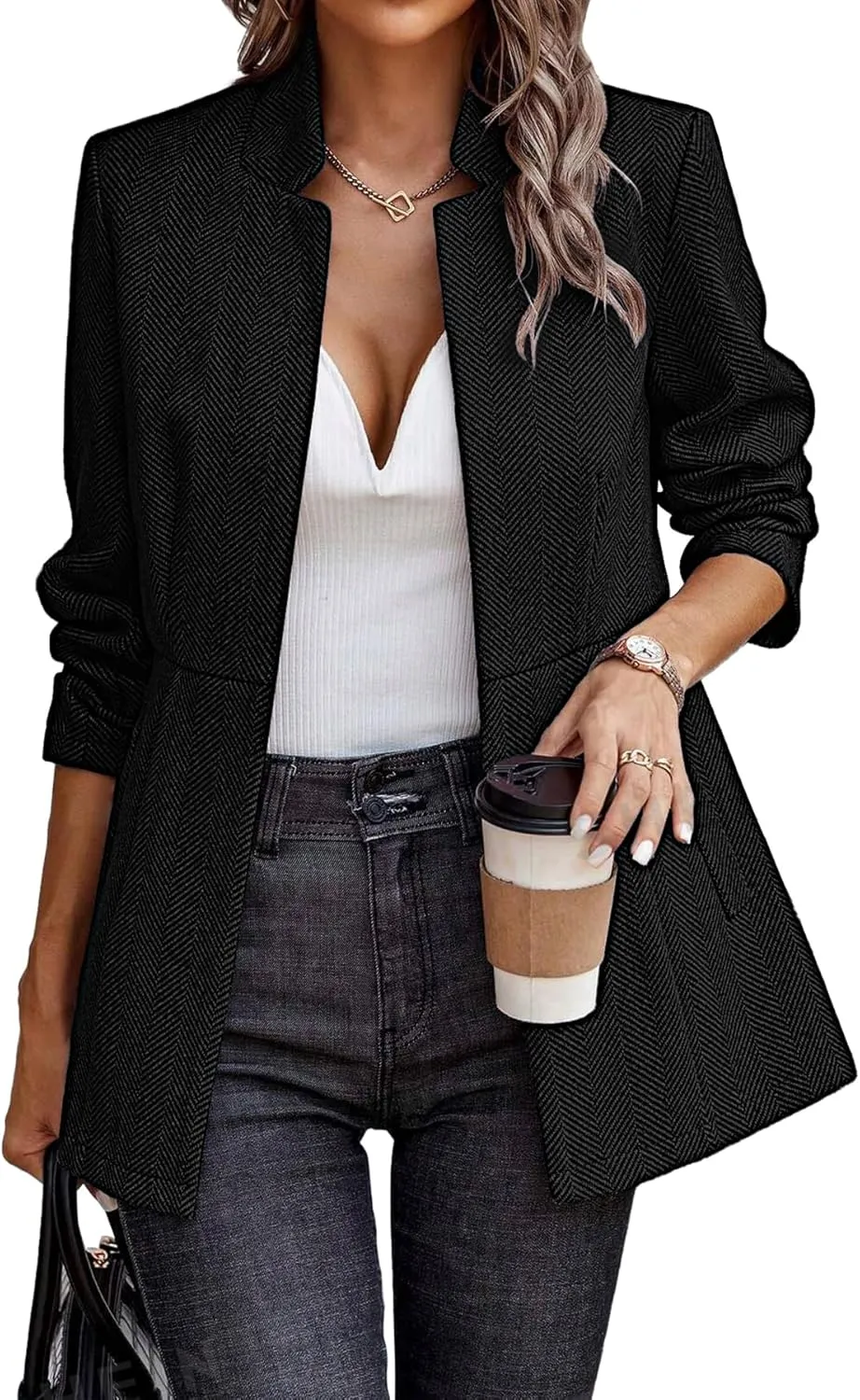 ELLEVEN Womens Open Front Herringbone Blazer-Business Casual Long Sleeve Work Jacket with Full Lining and Padded Shoulders