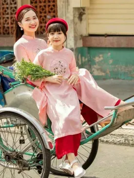 Family Ao Dai  Mom And Daughter Pink Embroidery Includes One Ao Dai Top And Pants