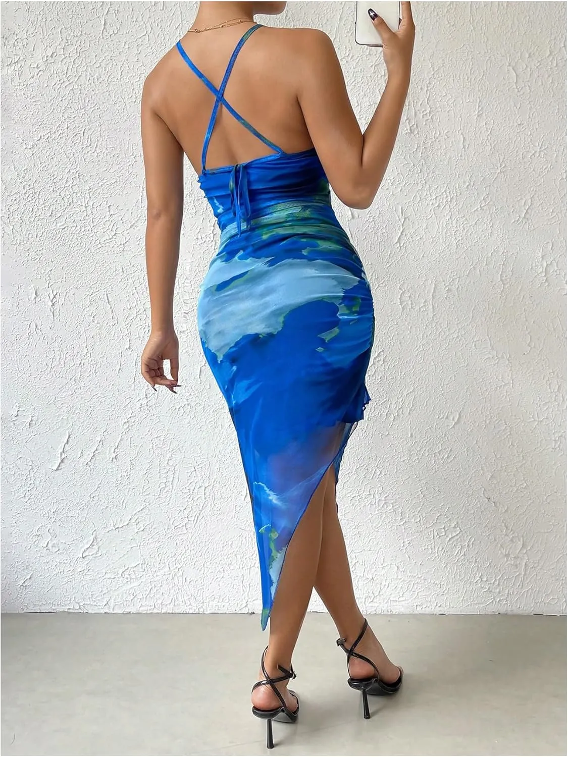 GORGLITTER Women's Mesh Ruched Bodycon Birthday Midi Dress Tie Dye Asymmetrical Party Going Out Wedding Guest Dresses