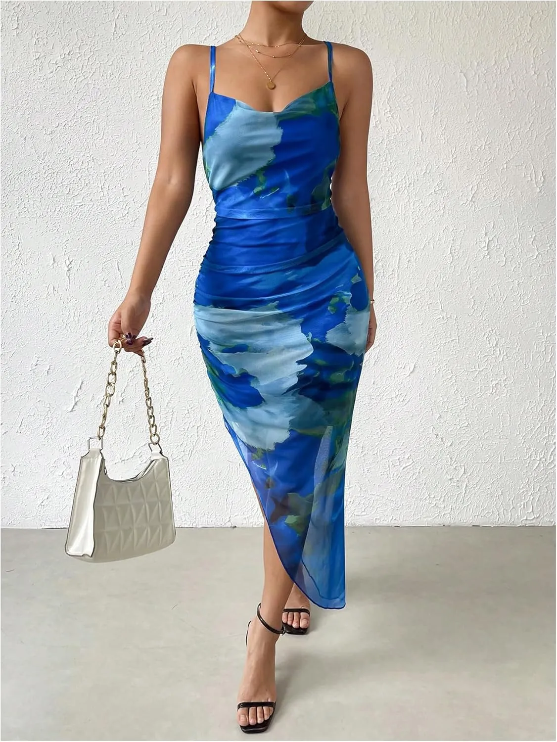 GORGLITTER Women's Mesh Ruched Bodycon Birthday Midi Dress Tie Dye Asymmetrical Party Going Out Wedding Guest Dresses