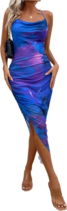 GORGLITTER Women's Mesh Ruched Bodycon Birthday Midi Dress Tie Dye Asymmetrical Party Going Out Wedding Guest Dresses