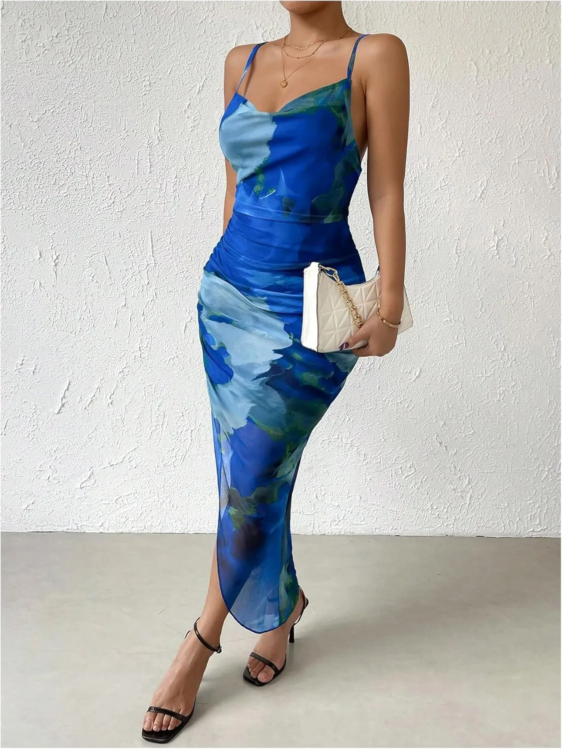 GORGLITTER Women's Mesh Ruched Bodycon Birthday Midi Dress Tie Dye Asymmetrical Party Going Out Wedding Guest Dresses