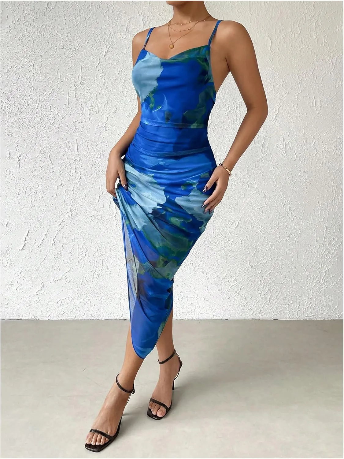 GORGLITTER Women's Mesh Ruched Bodycon Birthday Midi Dress Tie Dye Asymmetrical Party Going Out Wedding Guest Dresses