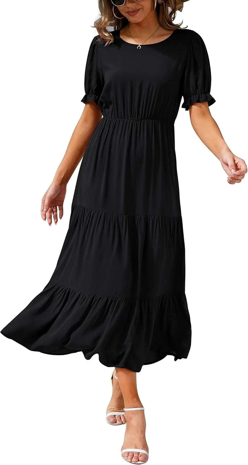 GRECERELLE Women's 2025 Spring Summer Casual Loose Round Neck Boho Dress Ruffle Puff Sleeve High Waist Midi Dress