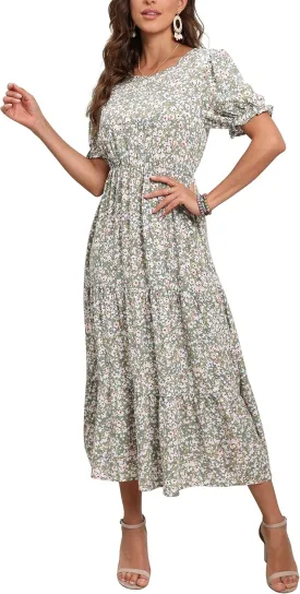 GRECERELLE Women's 2025 Spring Summer Casual Loose Round Neck Boho Dress Ruffle Puff Sleeve High Waist Midi Dress