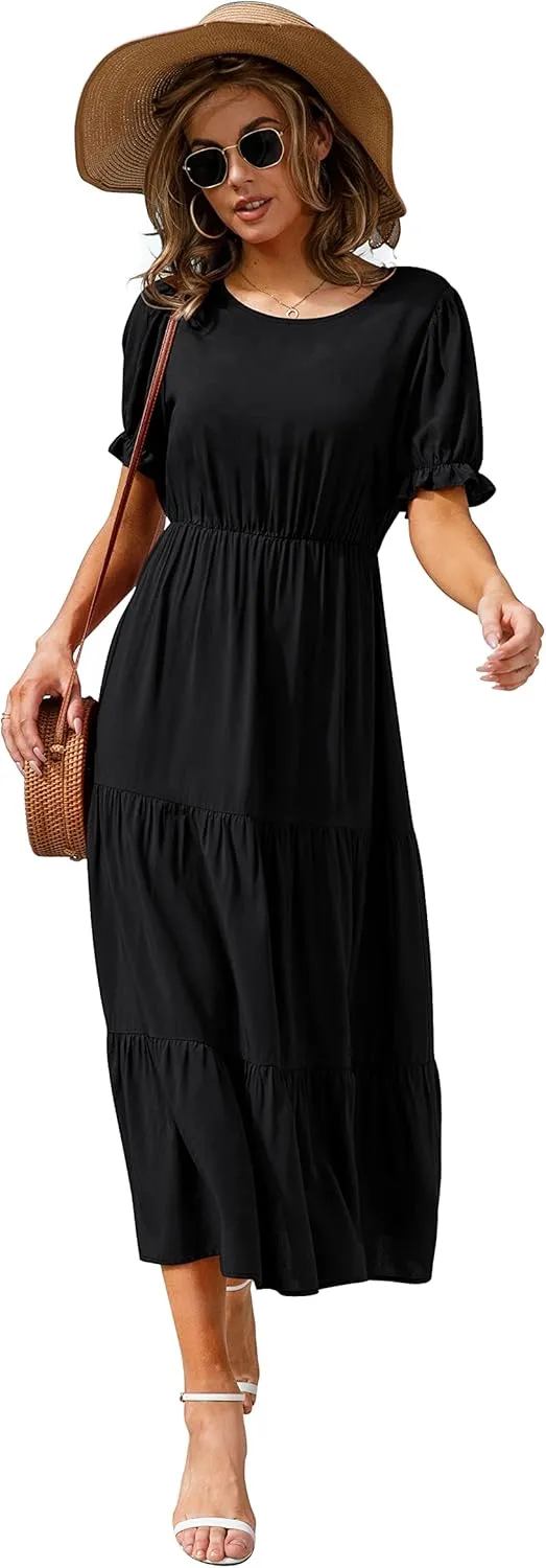 GRECERELLE Women's 2025 Spring Summer Casual Loose Round Neck Boho Dress Ruffle Puff Sleeve High Waist Midi Dress