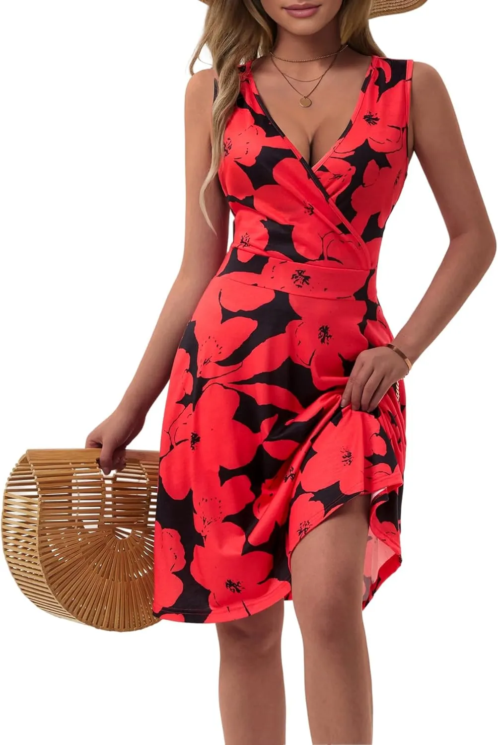 GUBERRY Womens Wrap V Neck Sleeveless Sundress Summer Flare Tank Dress with Pockets 