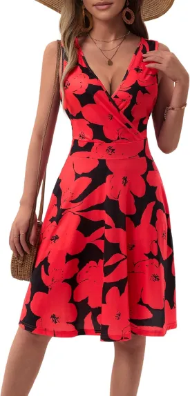 GUBERRY Womens Wrap V Neck Sleeveless Sundress Summer Flare Tank Dress with Pockets 