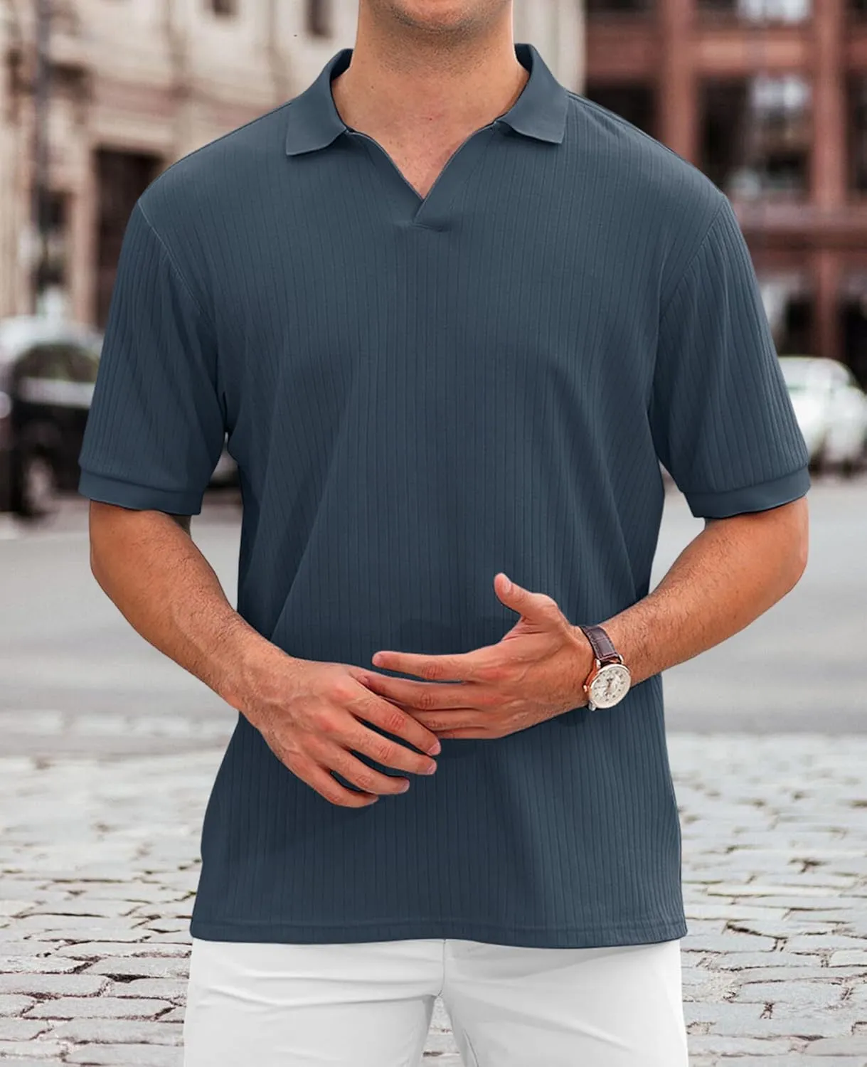 Hodaweislop Men's Knit Polo Shirts Short Sleeve V Neck Golf Shirt Casual Textured Summer Shirts