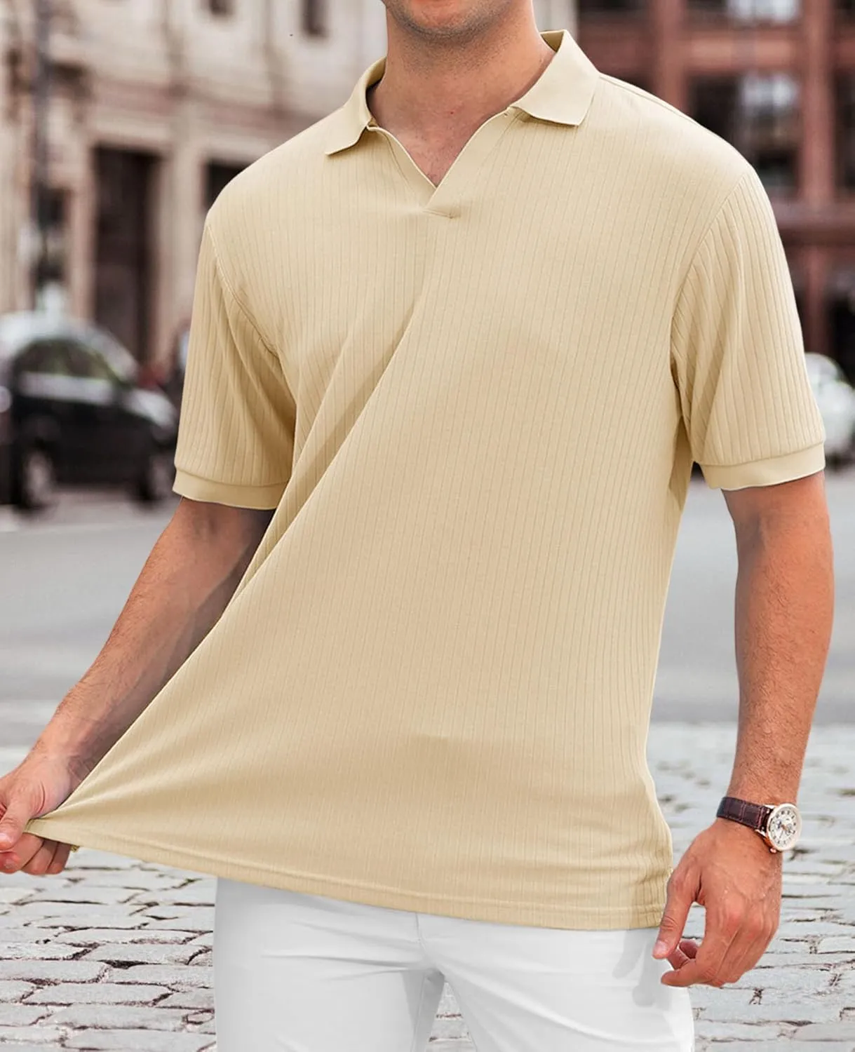 Hodaweislop Men's Knit Polo Shirts Short Sleeve V Neck Golf Shirt Casual Textured Summer Shirts