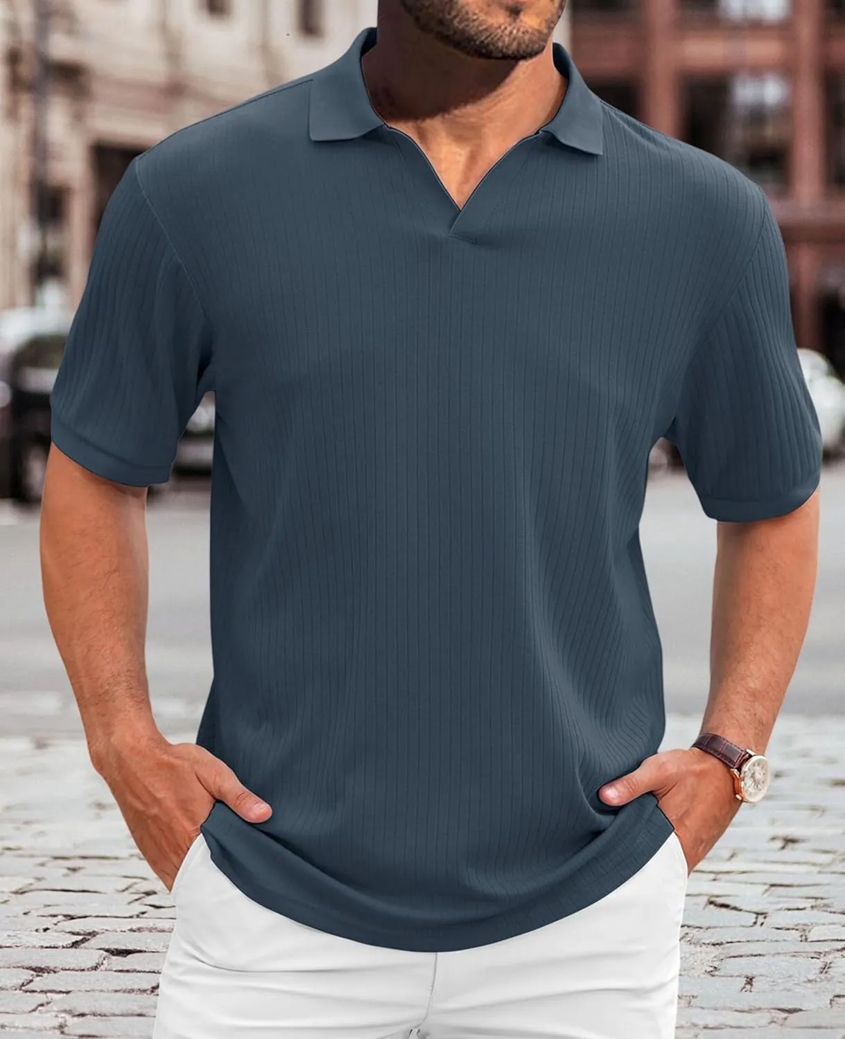 Hodaweislop Men's Knit Polo Shirts Short Sleeve V Neck Golf Shirt Casual Textured Summer Shirts