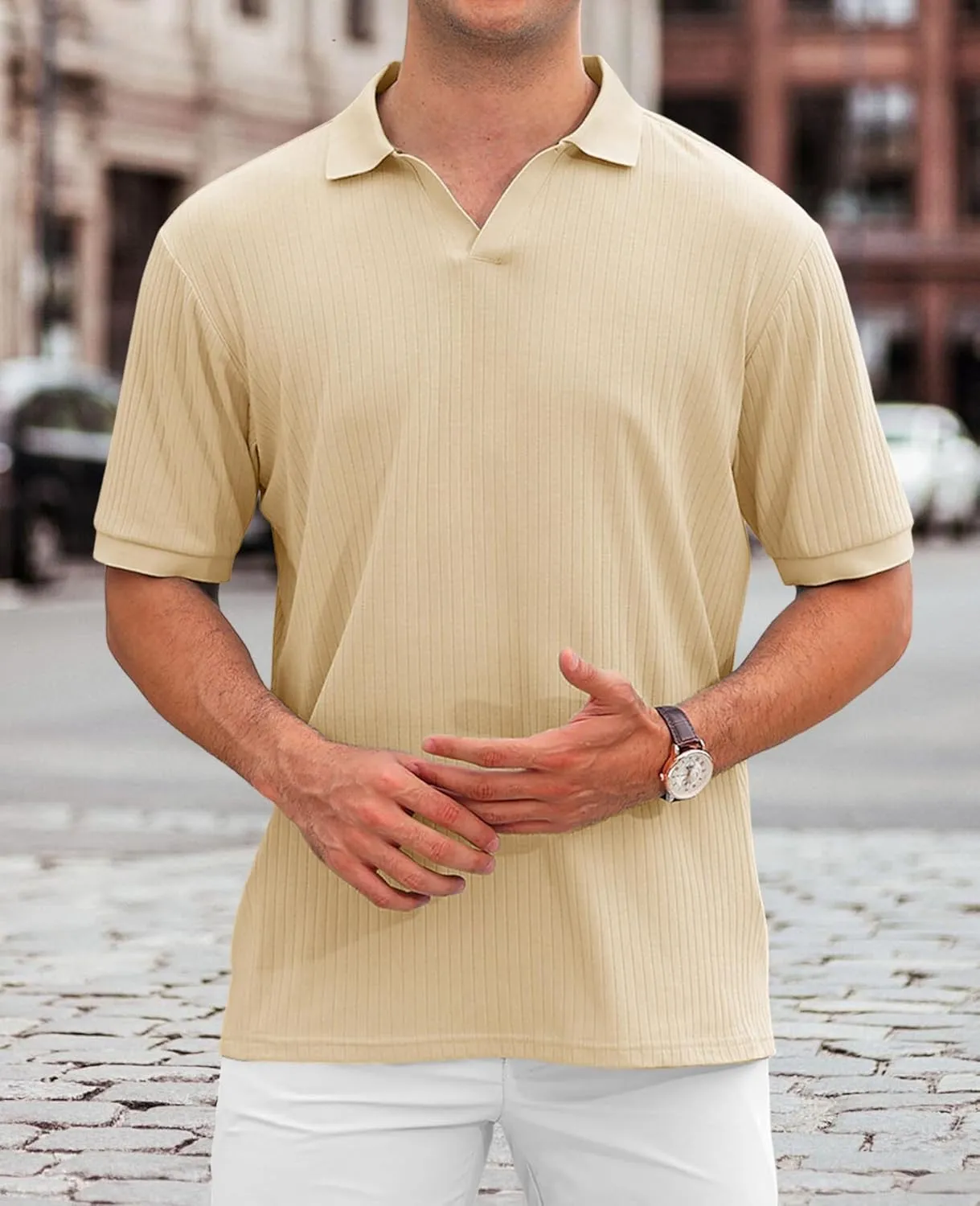 Hodaweislop Men's Knit Polo Shirts Short Sleeve V Neck Golf Shirt Casual Textured Summer Shirts