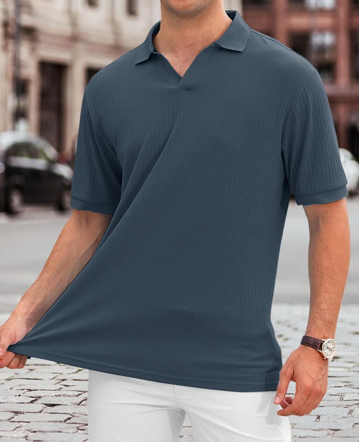 Hodaweislop Men's Knit Polo Shirts Short Sleeve V Neck Golf Shirt Casual Textured Summer Shirts