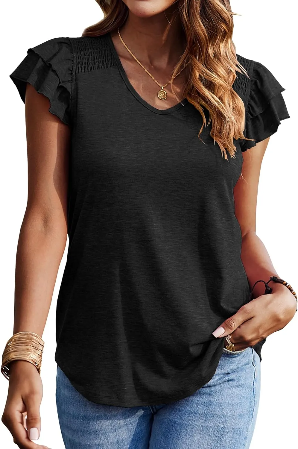 Hount Womens V Neck Ruffle Short Sleeve Tops Casual Ribbed Cute T Shirts Loose Fit Summer Shirts Blouses